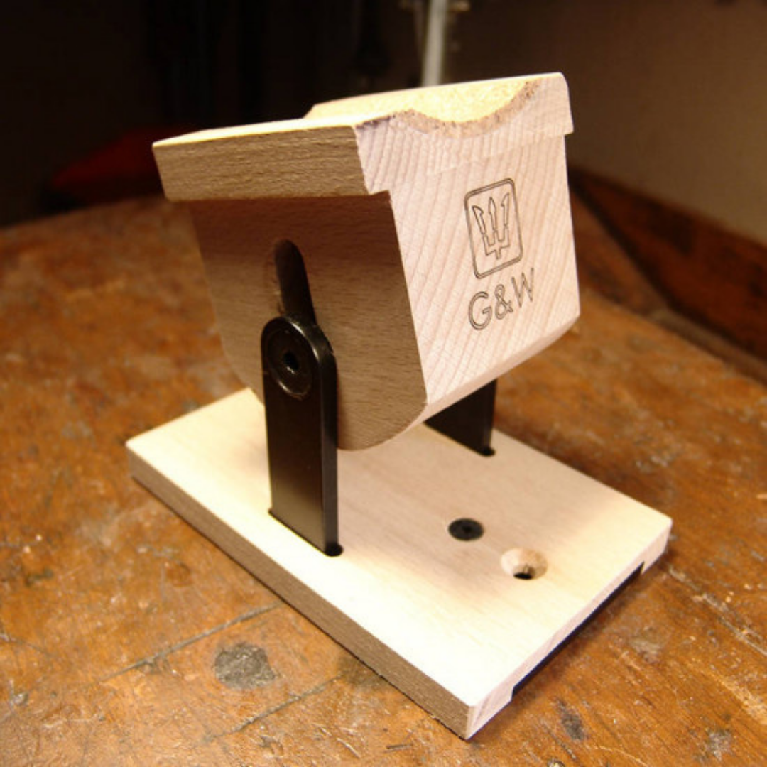 Guitar pivoting neck rest angled front view