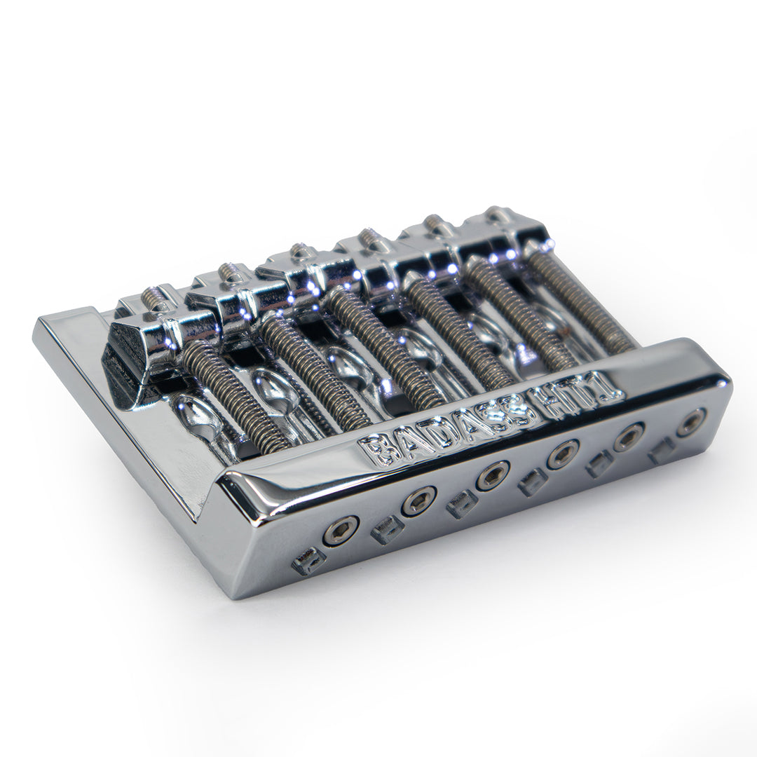 Badass HT1 guitar bridge angled left view chrome finish