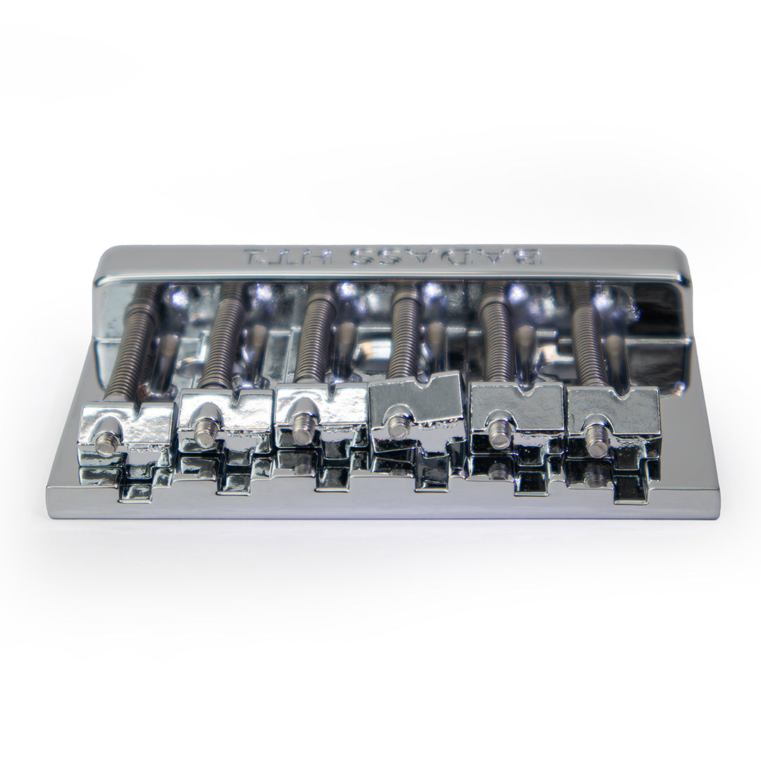 Badass HT1 guitar bridge front flat view chrome finish