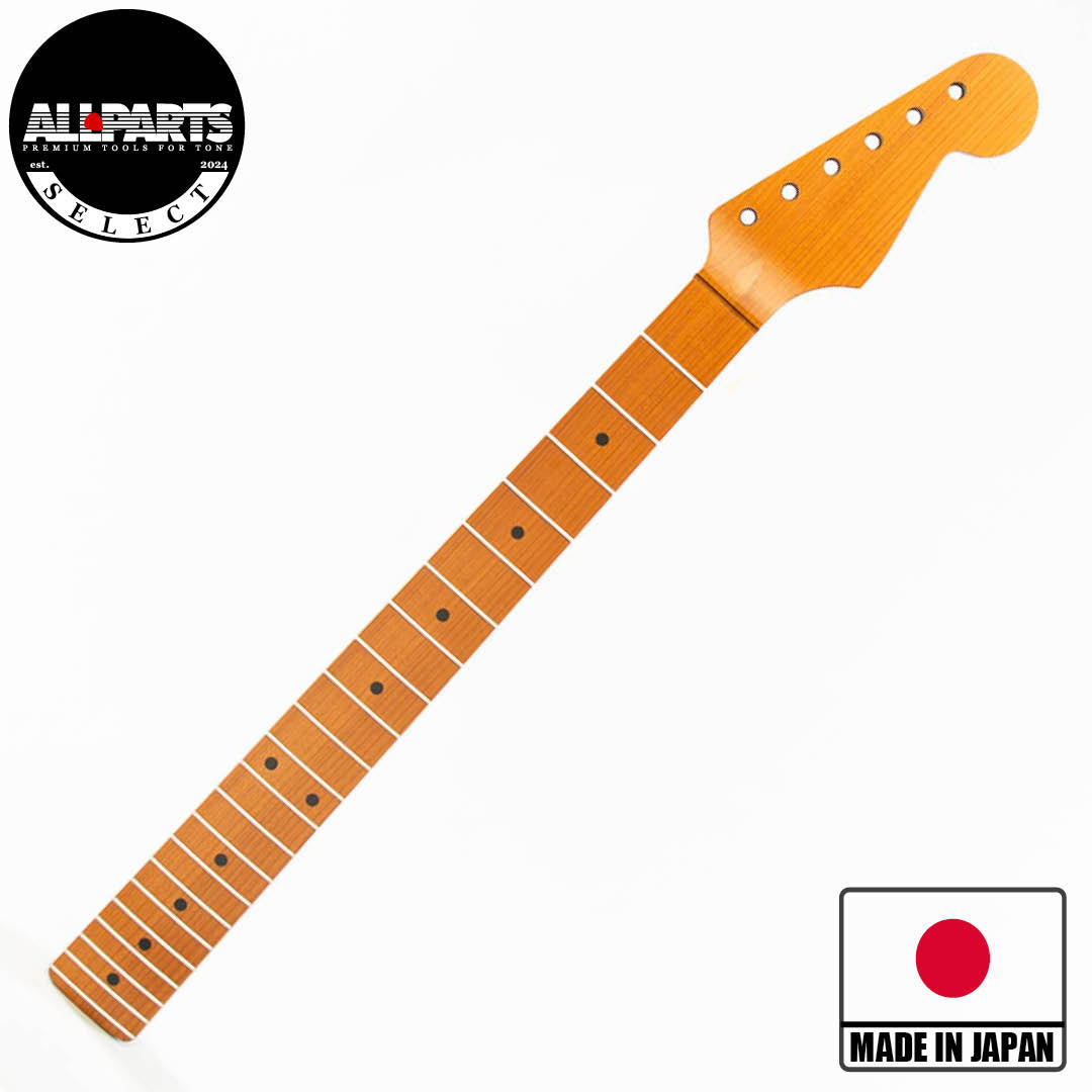 ap select layla roasted quartersawn maple neck front angled view with badges