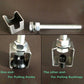 Metal tool with two ends for pulling knobs and bushings on a brown background
