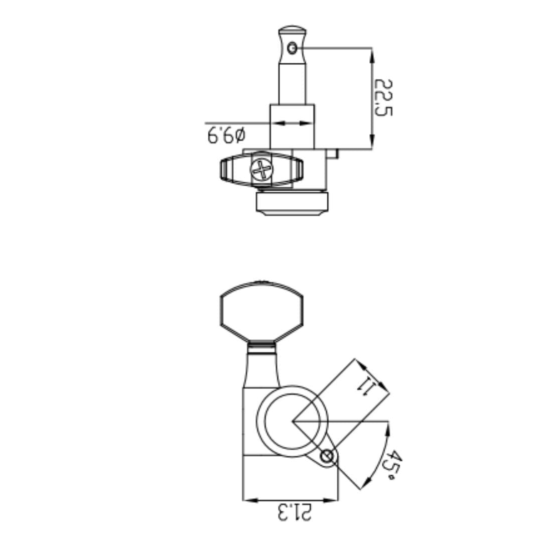Allparts Top Lock Modern mini six inline locking line drawing