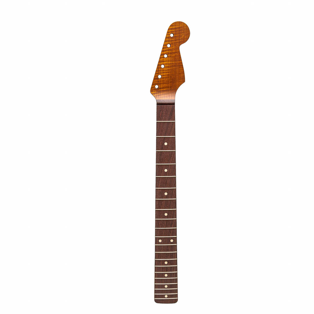 roasted flame maple strat neck with rosewood fretboard front view