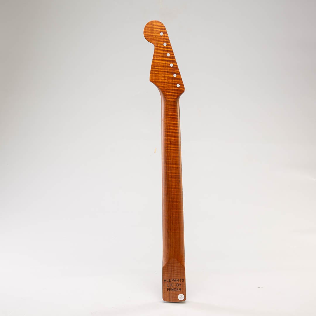 roasted flame maple strat neck with rosewood fretboard back view