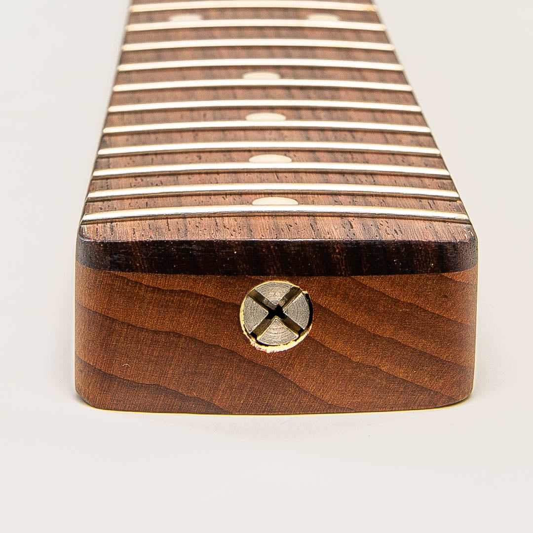 roasted flame maple strat neck with rosewood fretboard heel view