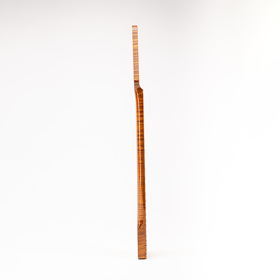 roasted flame maple premium guitar neck vertical side view
