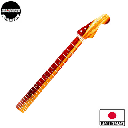 ap select padauk strat neck front angled view with badges