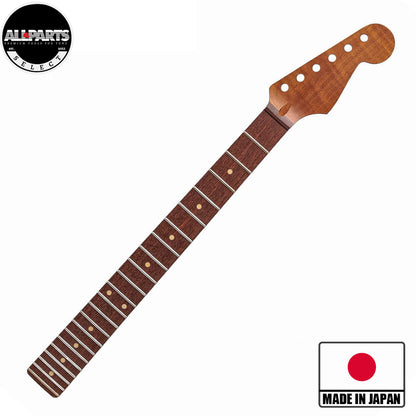 allparts roasted maple strat neck with rosewood fretboard front diagonal view with badges 