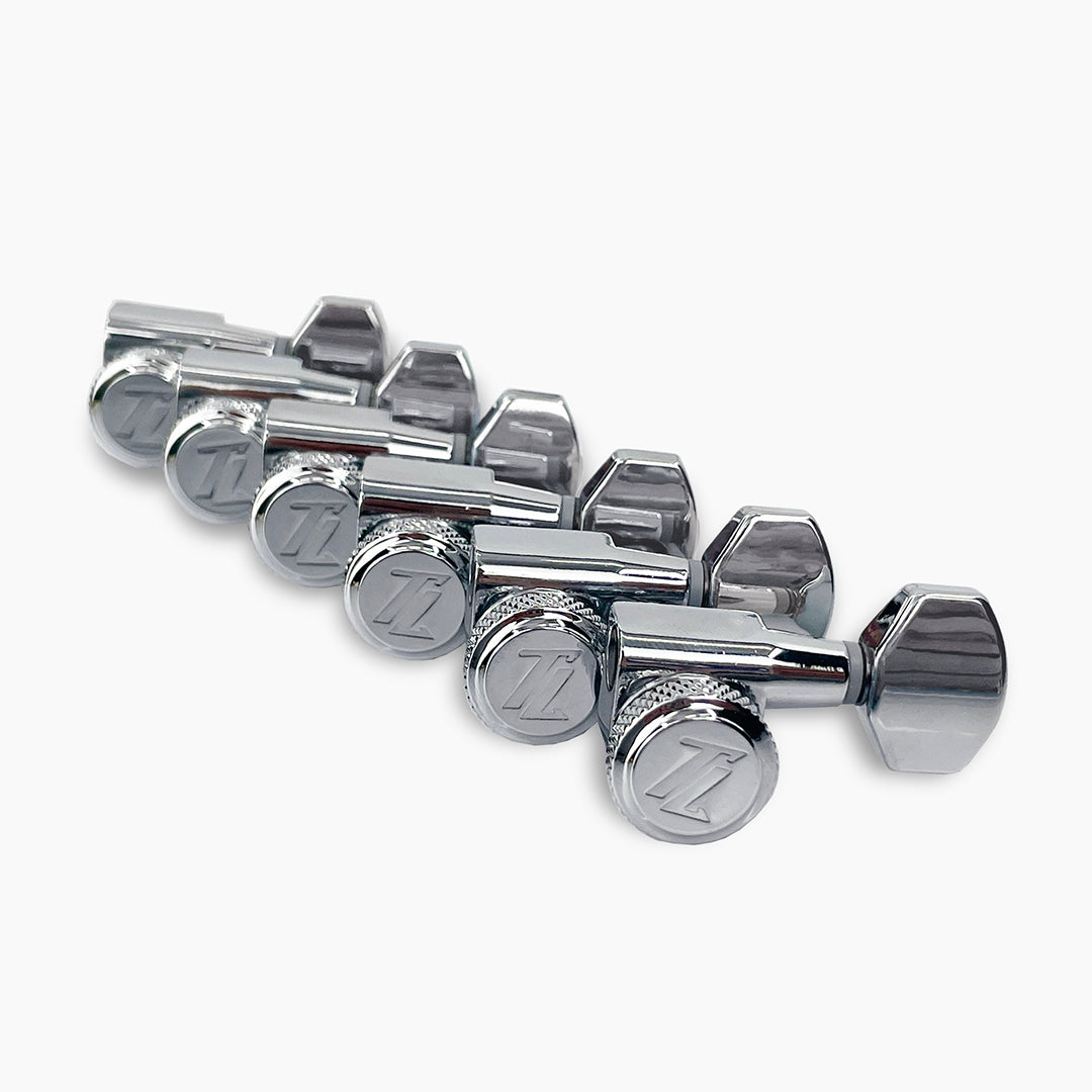Allparts Top Lock Modern 6-in-line mini locking set view chrome
