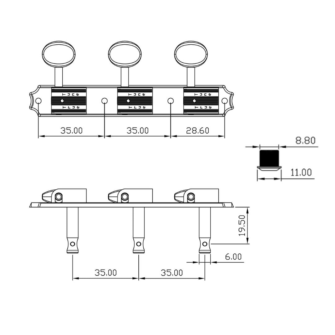 Allparts Top Tier vintage 3x3 strip tuner line drawing