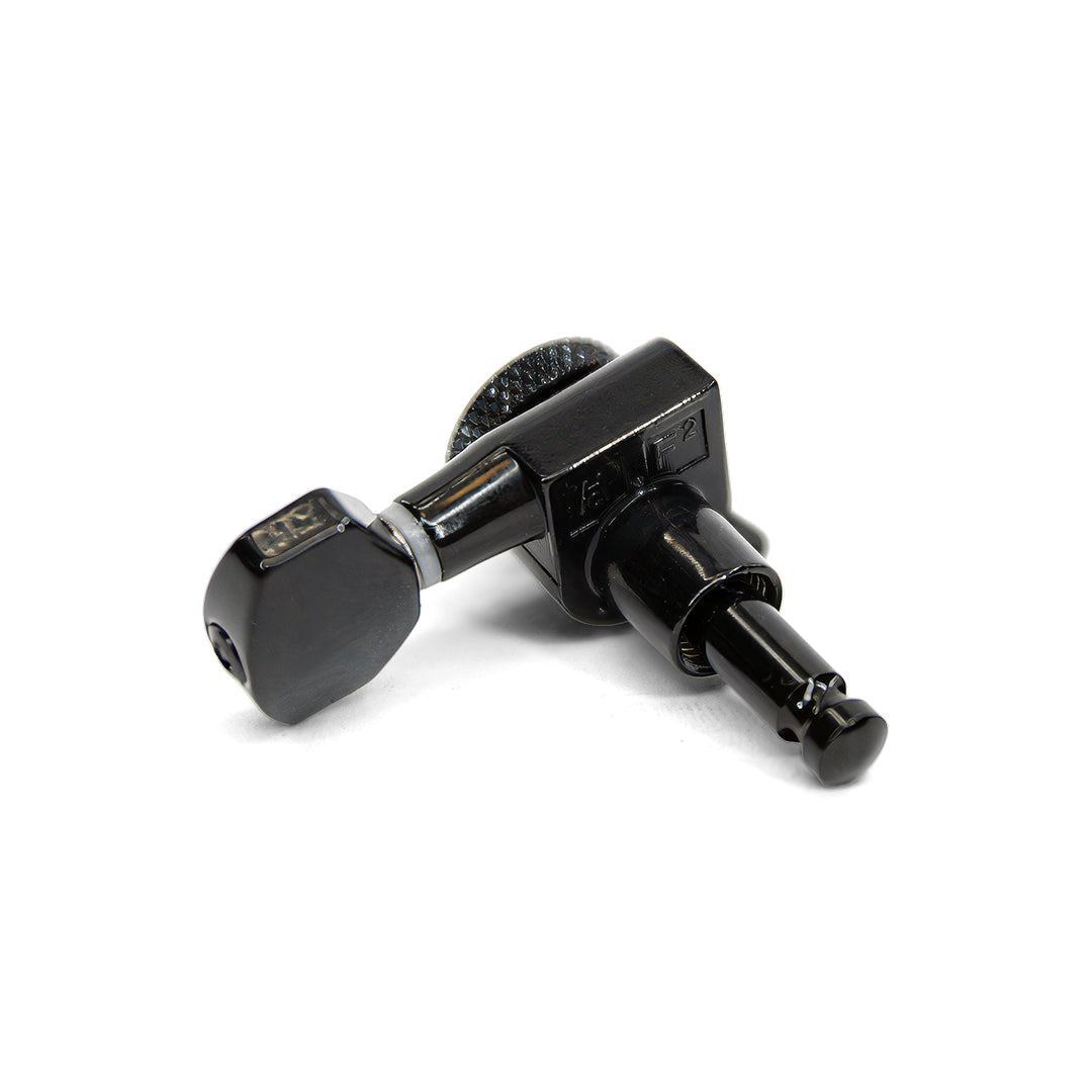Allparts Top Lock Mini Modern Style Locking Tuners - Black- Close Up of Peg
