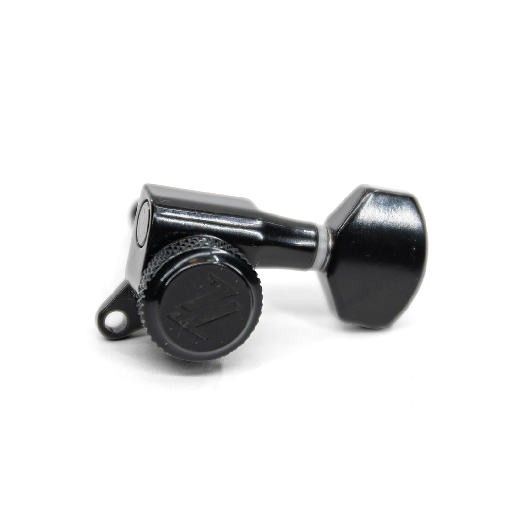 Allparts Top Lock Mini Modern Style Locking Tuners - Black - Close up of Thumb Wheel