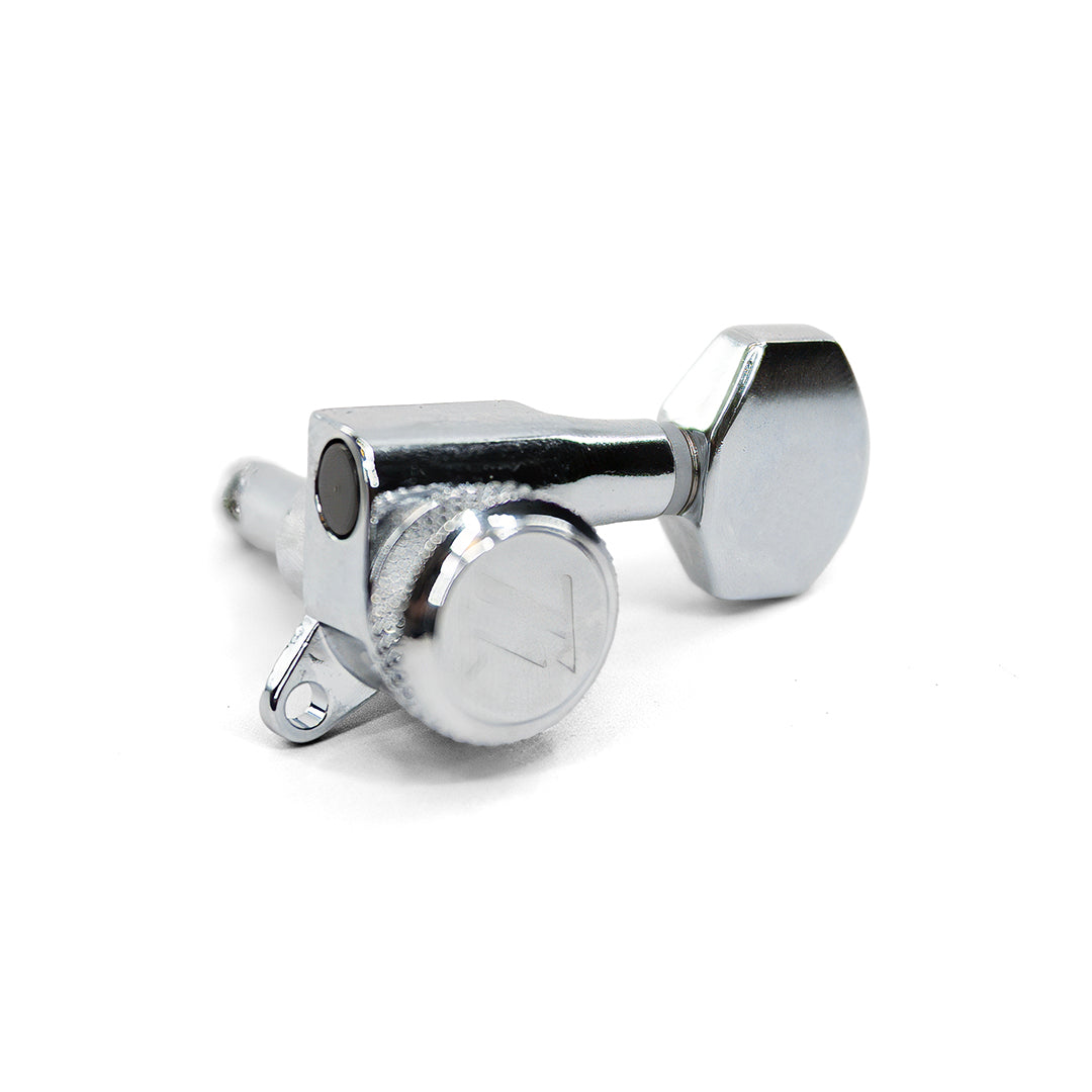 Allparts Top Lock Mini Modern Style Locking Tuners - Chrome- Close up of Thumb Wheel