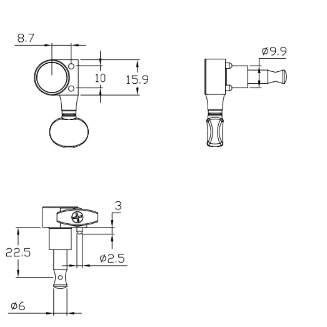 Allparts Top Tier Modern 2 pin 6 in line tuner line drawing