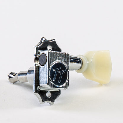 Allparts Top Tier vin mod 3x3 keys w/ cream plastic keystone button single front view chrome