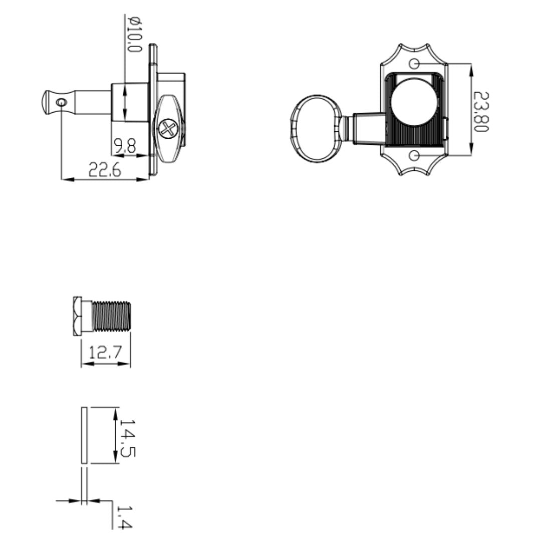 Allparts Top Tier vin mod 3x3 keys w/ white plastic oval buttons line drawing