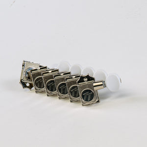 Allparts Top Tier 6 in-line keys w/ white plastic oval buttons full set view nickel 