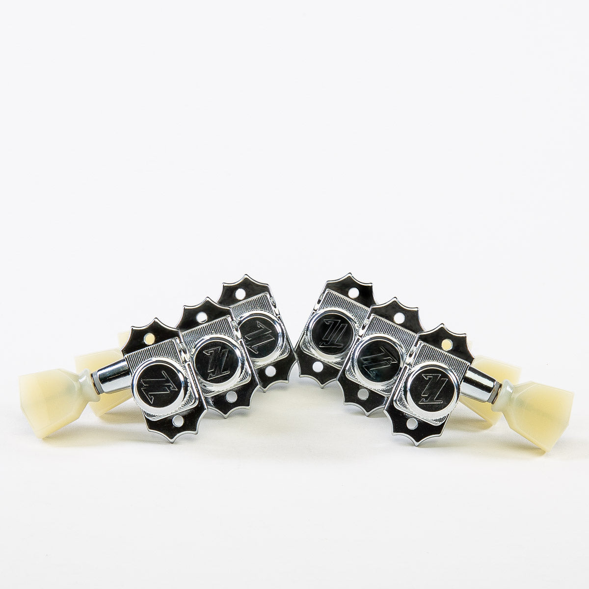 Allparts Top Tier 3x3 locking keys with cream plastic keystone button set view chrome