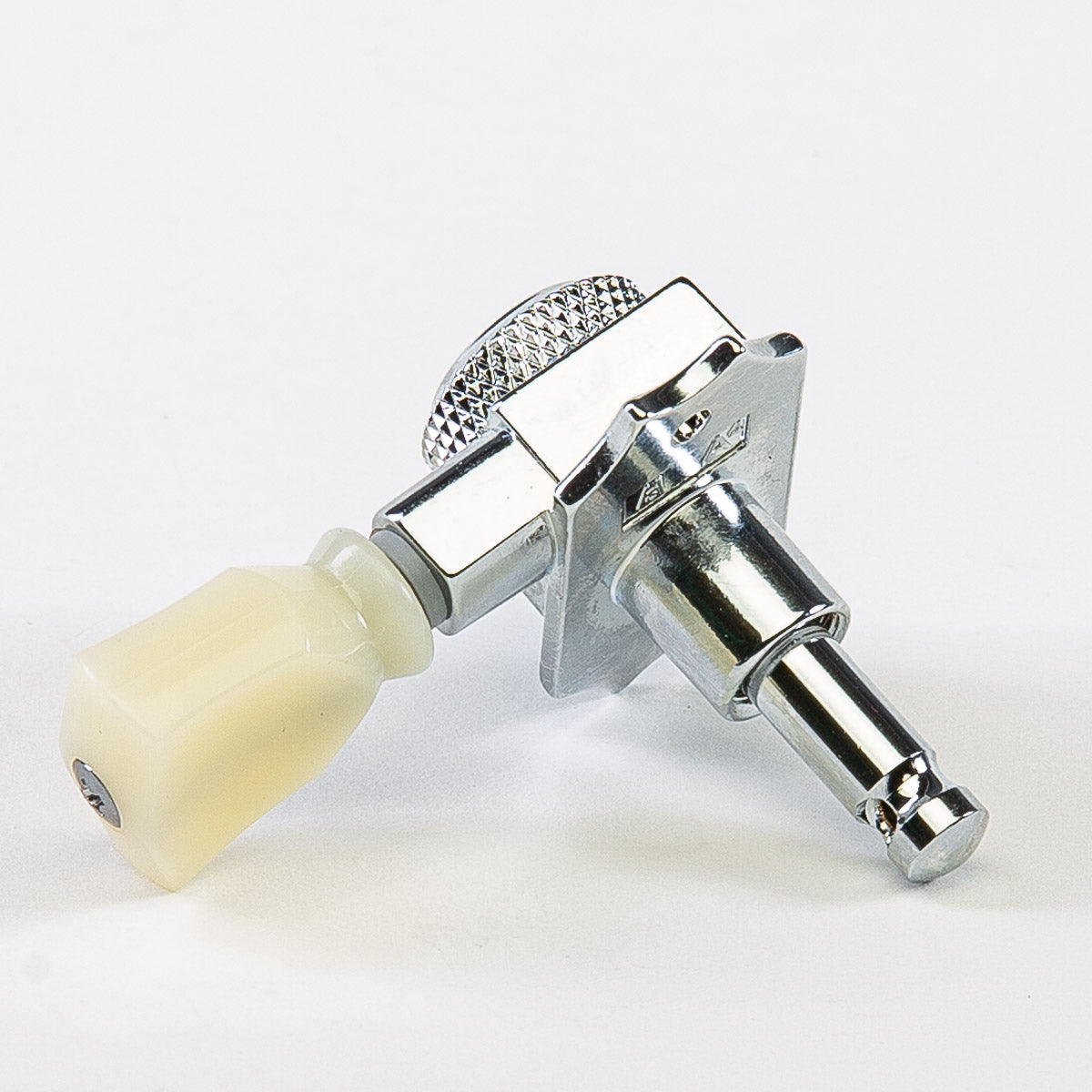 Allparts Top Tier 3x3 locking keys with cream plastic keystone button single back view chrome