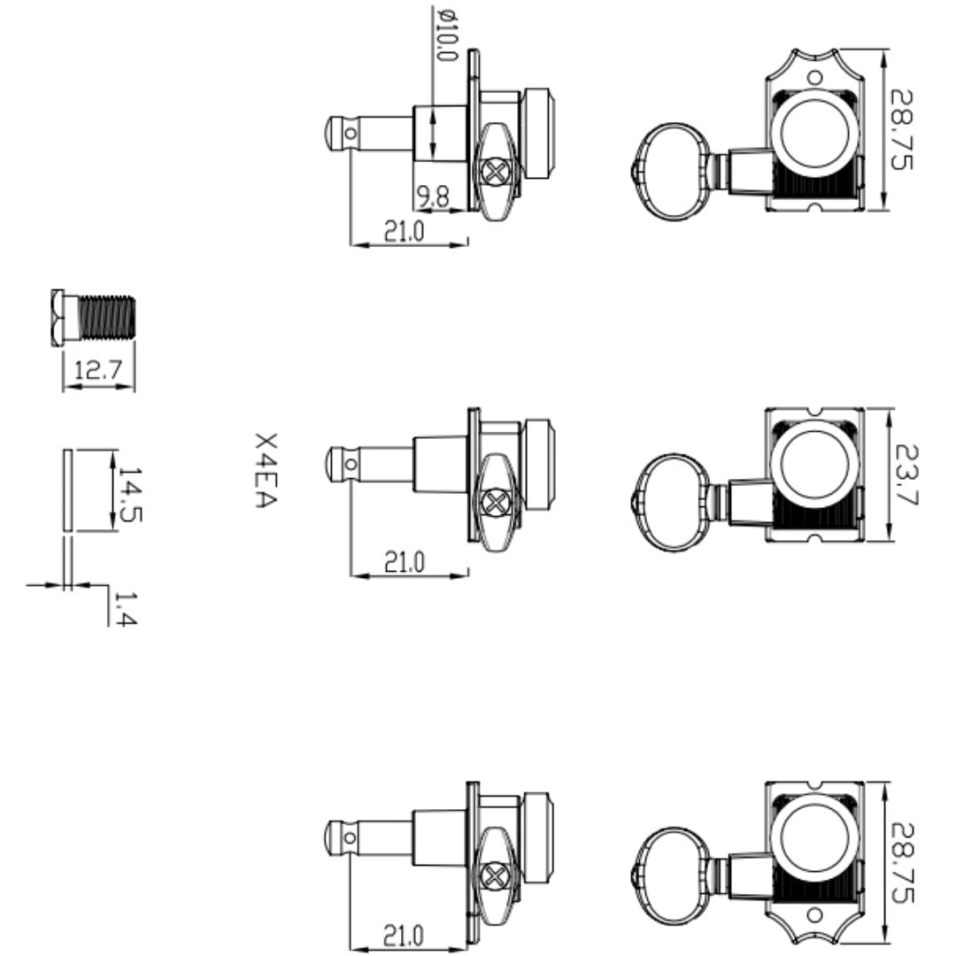 Allparts Top Lock Vin-Mod 6-in-line Locking Tuning Keys Line Drawing