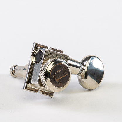 Allparts Top Lock 6 in-line staggered post locking keys w/ oval button single front view nickel