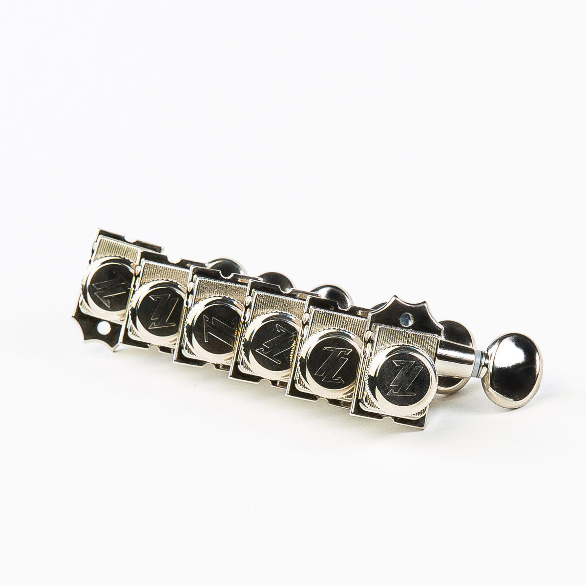 Allparts Top Lock 6 in-line staggered post locking keys w/ oval button set view nickel