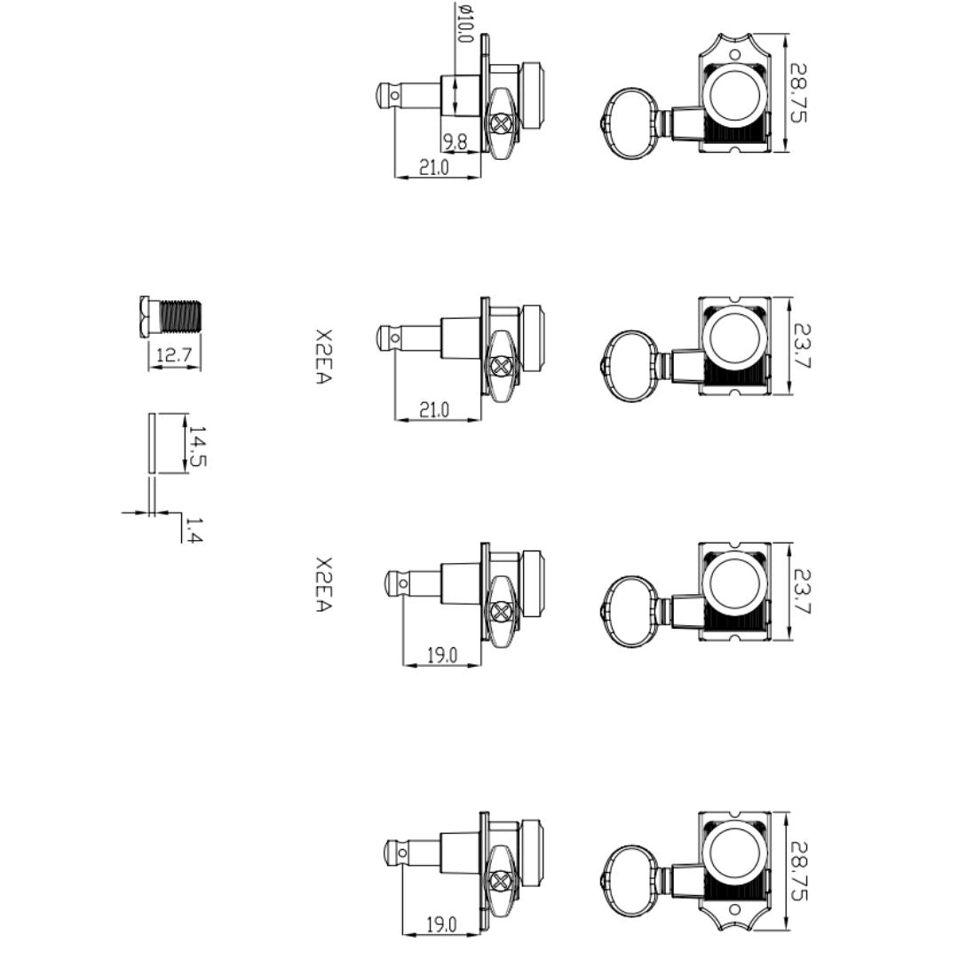 Allparts Top Lock 6 staggered in-line locking keys w/ oval button line drawing