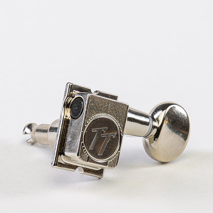 Allparts Top Tier 6 in-line staggered post keys w/ oval button single front view nickel
