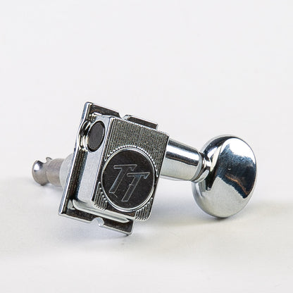 Allparts Top Tier 6 in-line staggered post keys w/ oval button single front view chrome