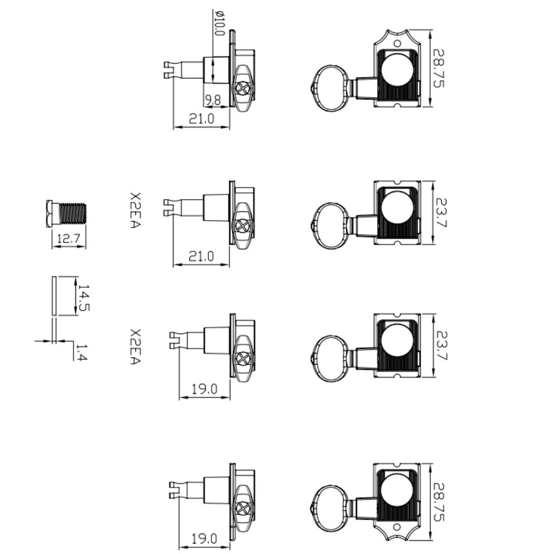 Allparts Top Tier 6 in-line staggered post keys w/ oval button line drawing
