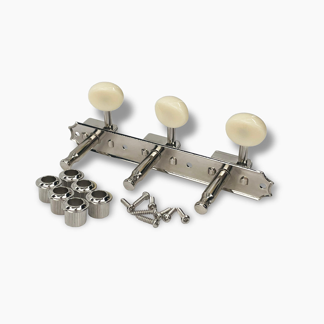 Allparts Top Tier vintage 3x3 strip tuner single back view with hardware nickel