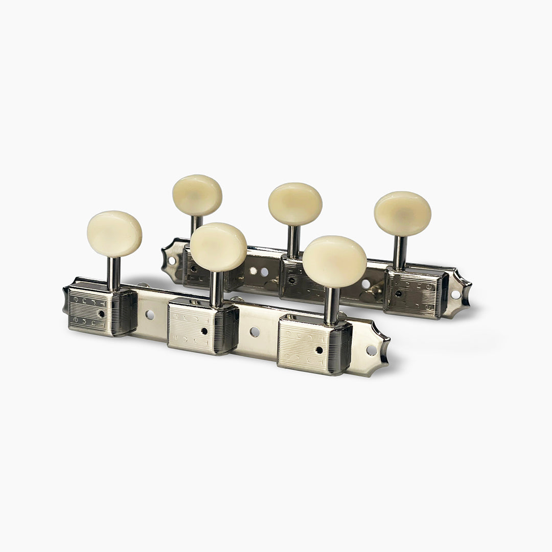 Allparts Top Tier vintage 3x3 strip tuner set view nickel