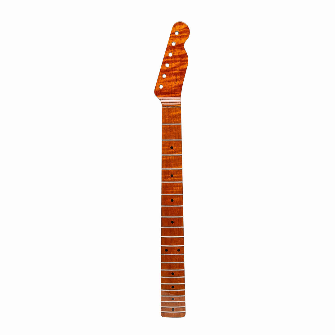 roasted flame maple tele neck front view