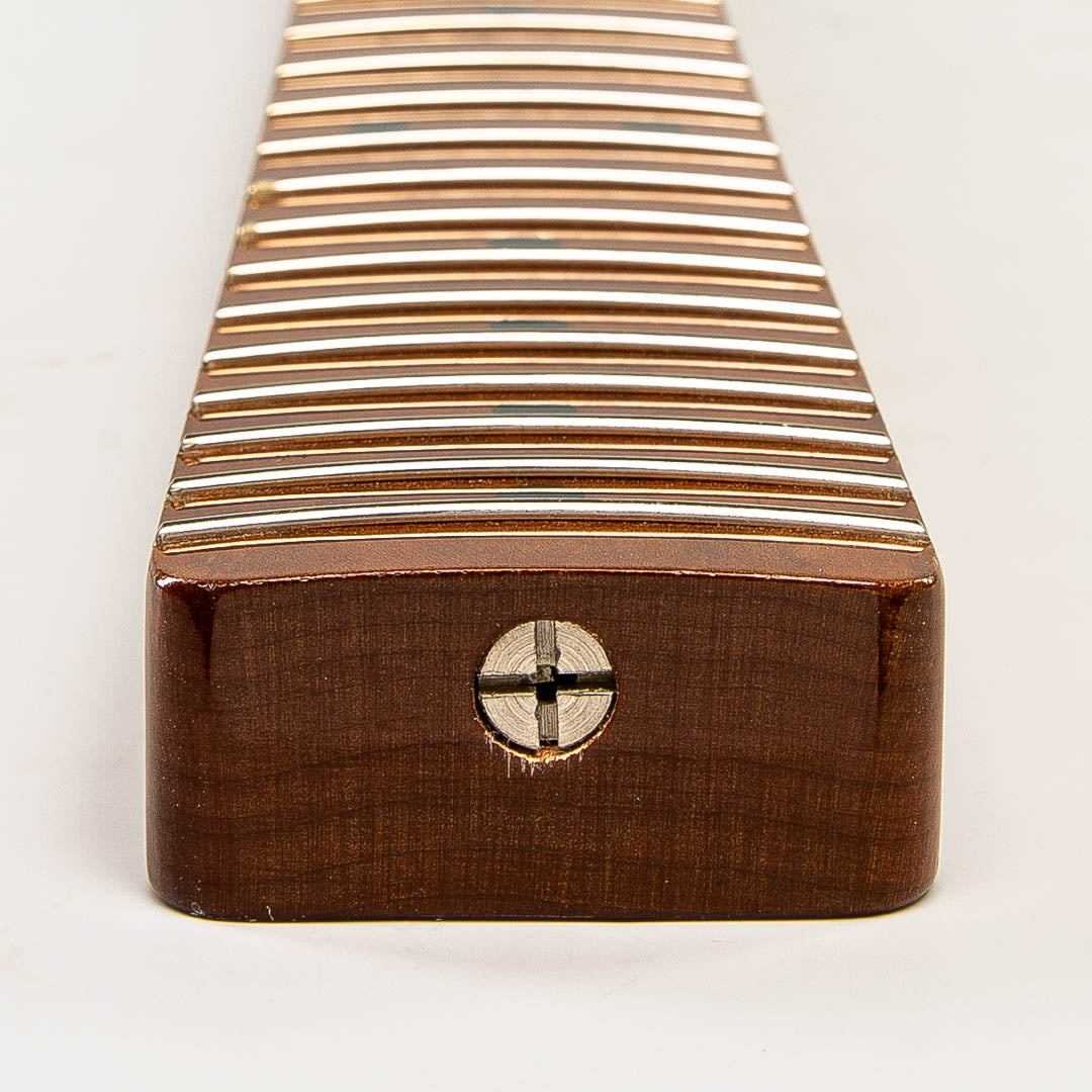 roasted flame maple tele neck heel view