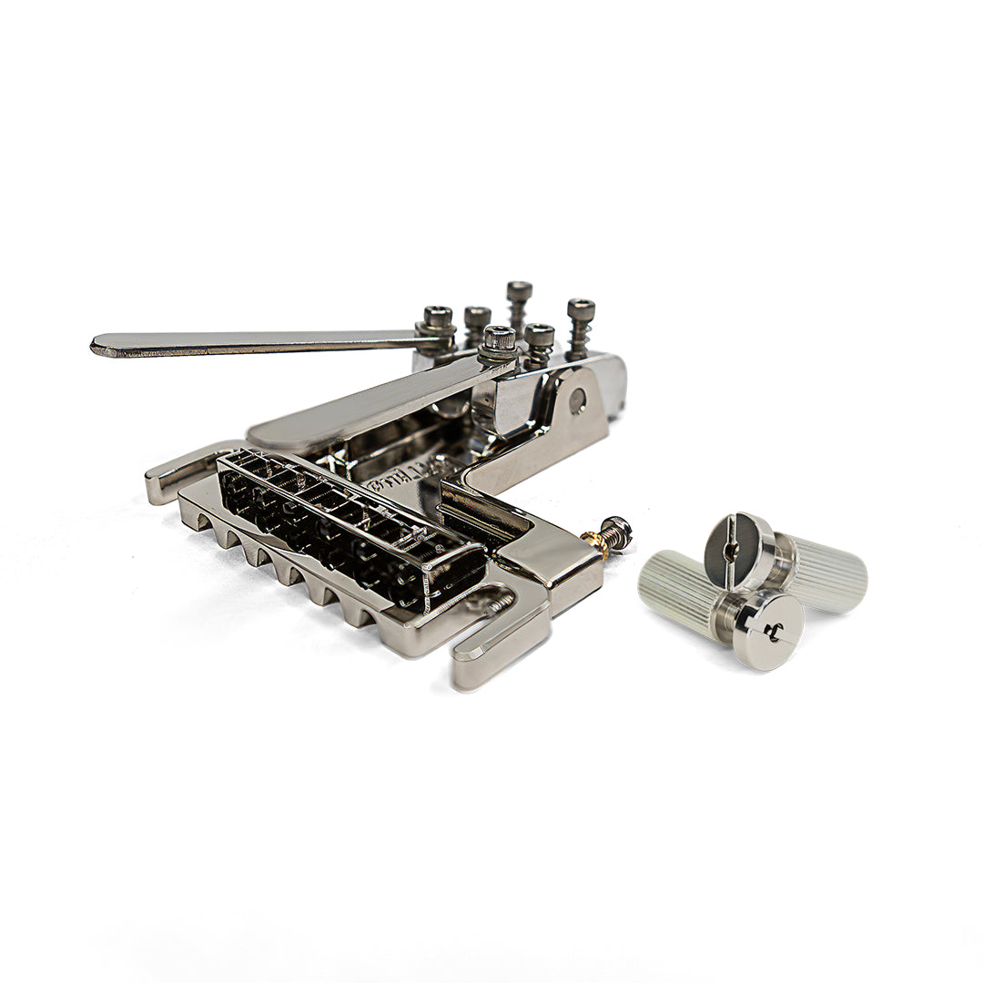 Certano Honky Tonk Special Tailpiece with Badass Wraparound Bridge - Nickel - Flat next to studs