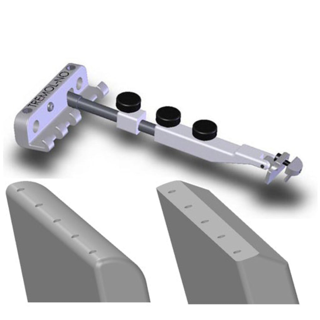 tremolo locking device pin type clamp front angled view with blocks